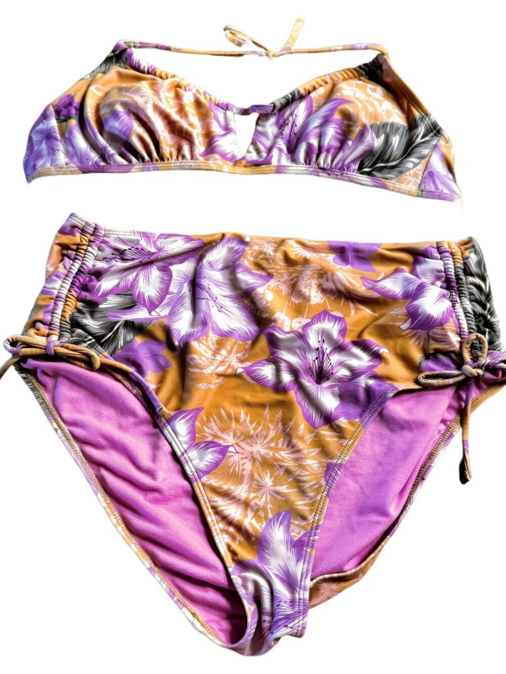 NoBo Tropical Floral High Waist Full Bottom Bikini Colorful Swimsuit Ruched